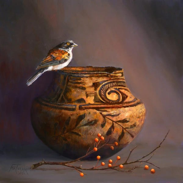 Jan Perley: Zuni Pot, Hawthorn Berries, And Yellow-Eyed Junco by Jan Perley