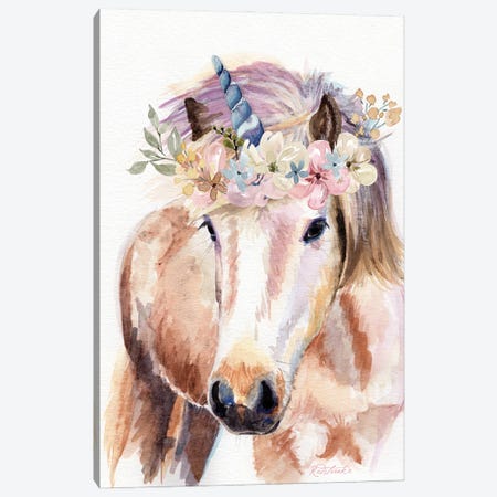 Unicorn With Flowers Canvas Print #JRE154} by Jennifer Redstreake Canvas Artwork