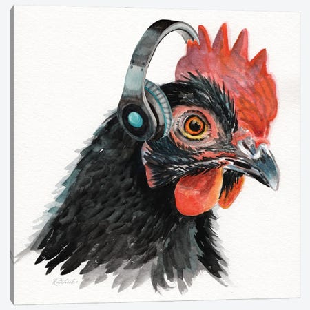 Rooster With Headphones Canvas Print #JRE158} by Jennifer Redstreake Art Print