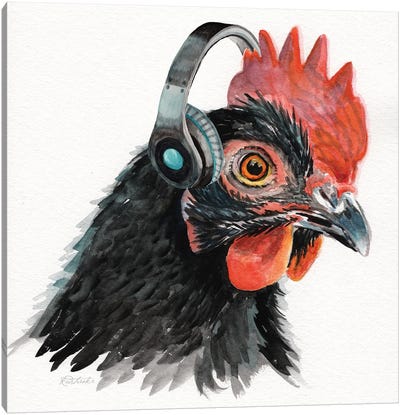 Rooster With Headphones Canvas Art Print - Jennifer Redstreake