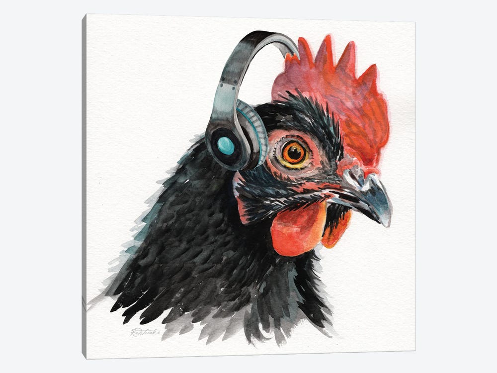Rooster With Headphones by Jennifer Redstreake 1-piece Art Print
