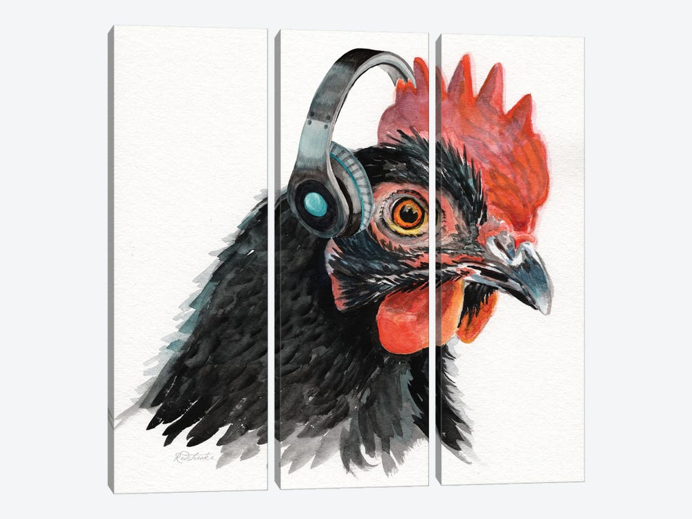 Rooster With Headphones by Jennifer Redstreake 3-piece Art Print