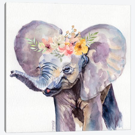 Elephant With Flowers Canvas Print #JRE160} by Jennifer Redstreake Canvas Art