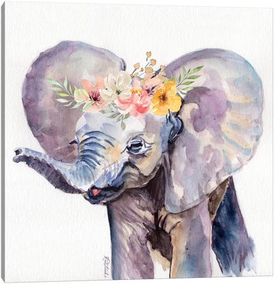 Elephant With Flowers Canvas Art Print - Jennifer Redstreake