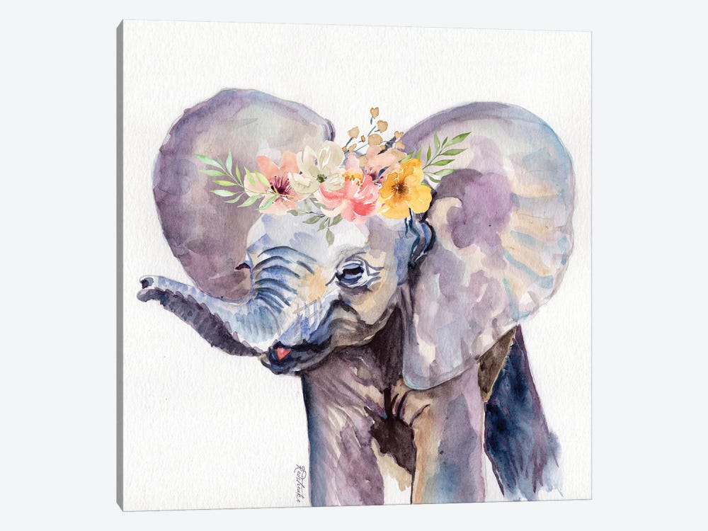 Elephant With Flowers by Jennifer Redstreake 1-piece Canvas Artwork