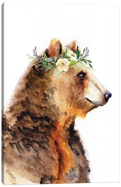 Bear With Flowers Canvas Art Print - Brown Bear Art