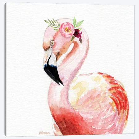Flamingo With Flowers Canvas Print #JRE167} by Jennifer Redstreake Art Print
