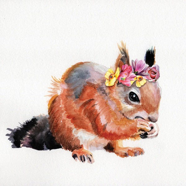 Squirrels: Red Squirrel With Flowers by Jennifer Redstreake