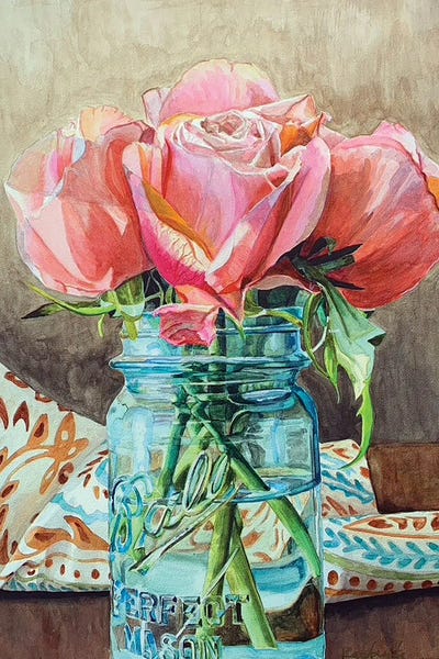 Roses In Ball Jar II by Jennifer Redstreake framed wall art