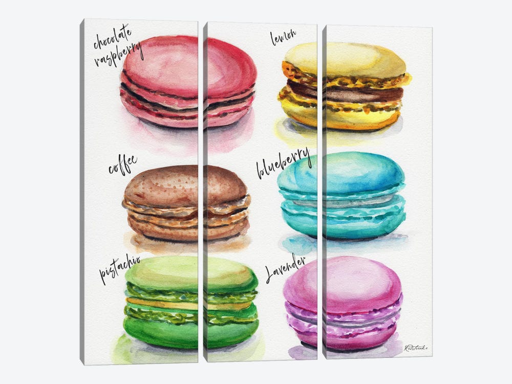 Six Macaron Flavors by Jennifer Redstreake 3-piece Art Print