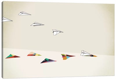 Walking Shadow Paper Planes Canvas Art Print - Alabaster Neutrals