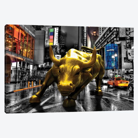 Charging Bull In Time Square Canvas Print #JRH14} by Jan Raphael Canvas Artwork