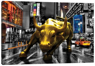 Charging Bull In Time Square Canvas Art Print - Bull Art
