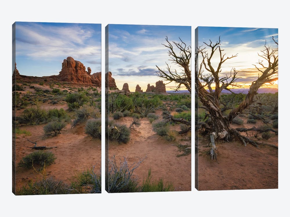 Sunset And Sand At Arches National Park by Jonathan Ross Photography 3-piece Art Print