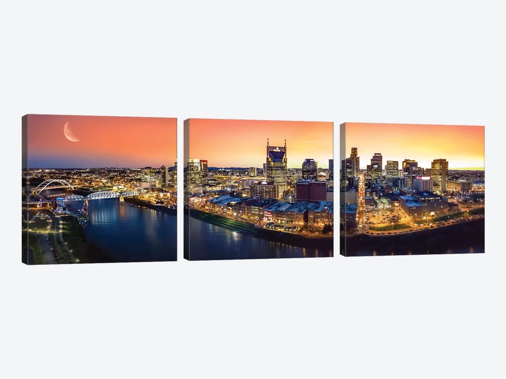 Nashville Twilight Panorama by Jonathan Ross Photography 3-piece Canvas Print
