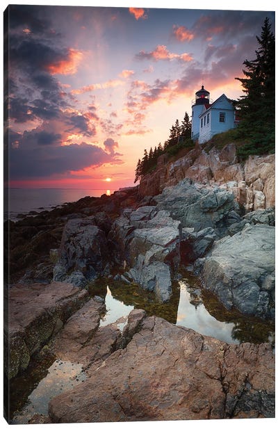Sunset At Bass Harbor Lighthouse, Mount Desert Island, Maine, USA Canvas Art Print - Maine Art