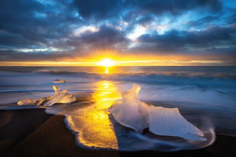 Ice On Diamond Beach At Sunrise, Southern Iceland