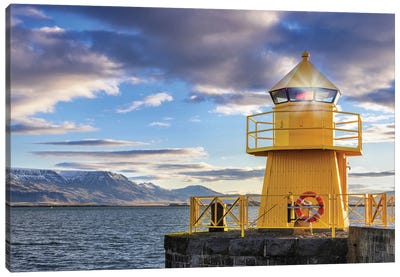 Lighthouse In Reykjavik Harbour At Daybreak Canvas Art Print