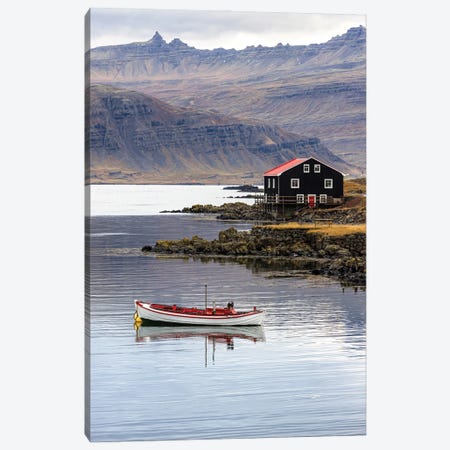 Small Boat And Wooden House Eastfjords, Iceland Canvas Print #JRX217} by Jane Rix Canvas Print