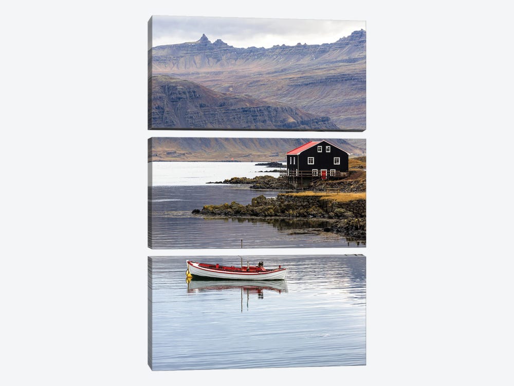 Small Boat And Wooden House Eastfjords, Iceland by Jane Rix 3-piece Canvas Art Print