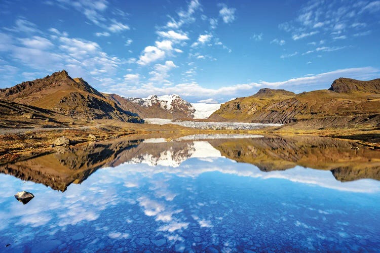 Svinafellsjokull, Mirror Reflection In Glacier Lagoon, Iceland