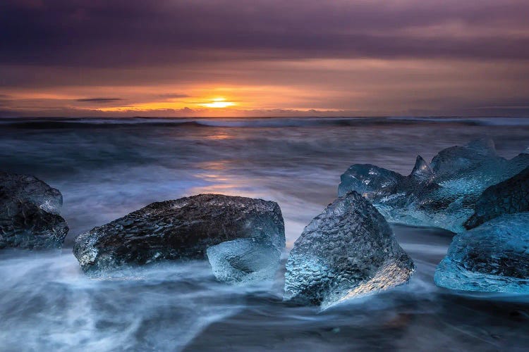 Ice Chunks On Diamond Beach At Sunrise, Iceland