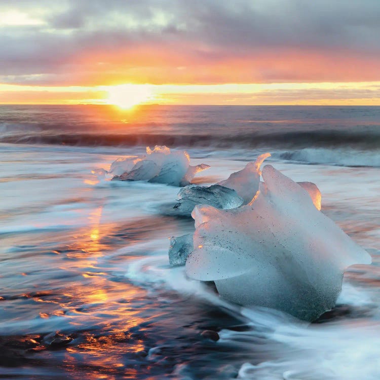 Golden Sunrise On Diamond Beach, Iceland