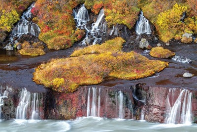 Hraunfossar Falls In Autumn, Iceland by Jane Rix multi panel art