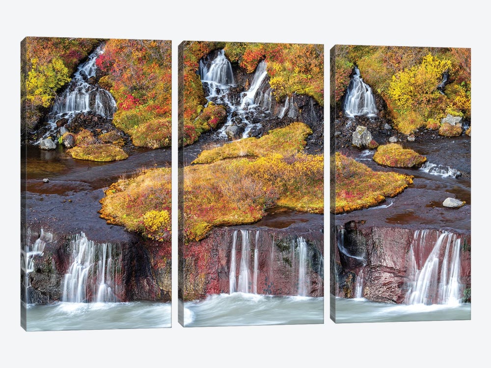 Hraunfossar Falls In Autumn, Iceland by Jane Rix 3-piece Canvas Art