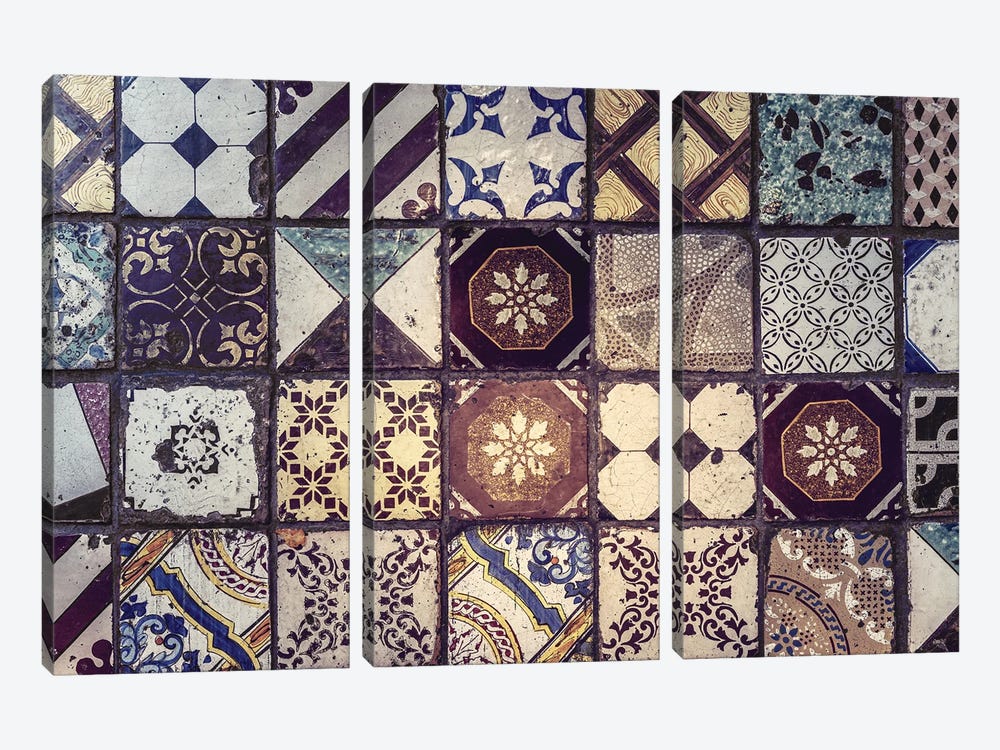 Antique Decorative Floor Tiles by Jane Rix 3-piece Canvas Art Print