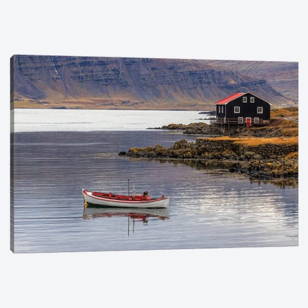 Small Boat, House And Fjord, Icleand Canvas Print #JRX283} by Jane Rix Canvas Print