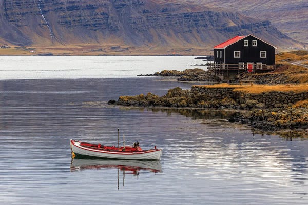 Jane Rix: Small Boat, House And Fjord, Icleand by Jane Rix