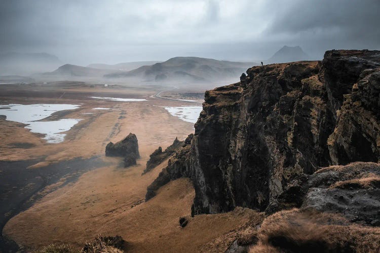 Dyrholaey Cliffs And Photographer On Clifftop, Iceland