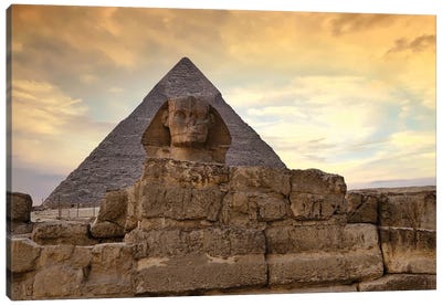 Sphinx And Great Pyramid At Dusk Canvas Art Print - The Great Pyramids of Giza