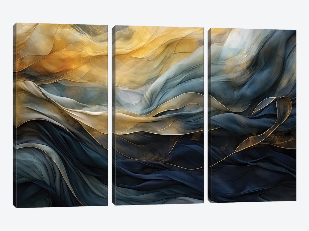 Flowing Fabric In Navy And Gold by Jane Rix 3-piece Canvas Art