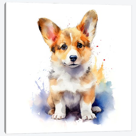 Welsh Corgi Puppy Watercolour Canvas Print #JRX492} by Jane Rix Canvas Art