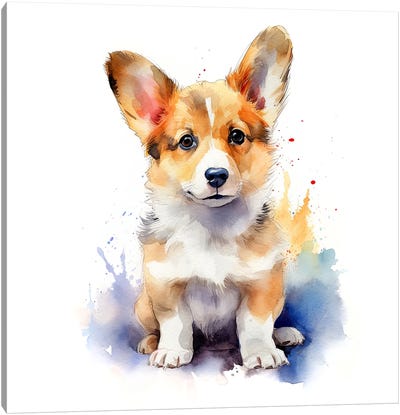 Welsh Corgi Puppy Watercolour Canvas Art Print - Corgi Art