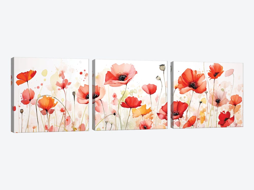 Poppy Field Of Flowers And Pods by Jane Rix 3-piece Canvas Art Print