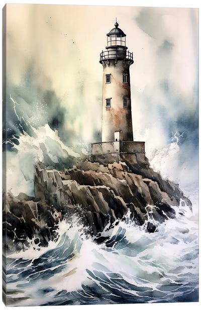 Lighthouse In Stormy Sea Canvas Art Print - Jane Rix