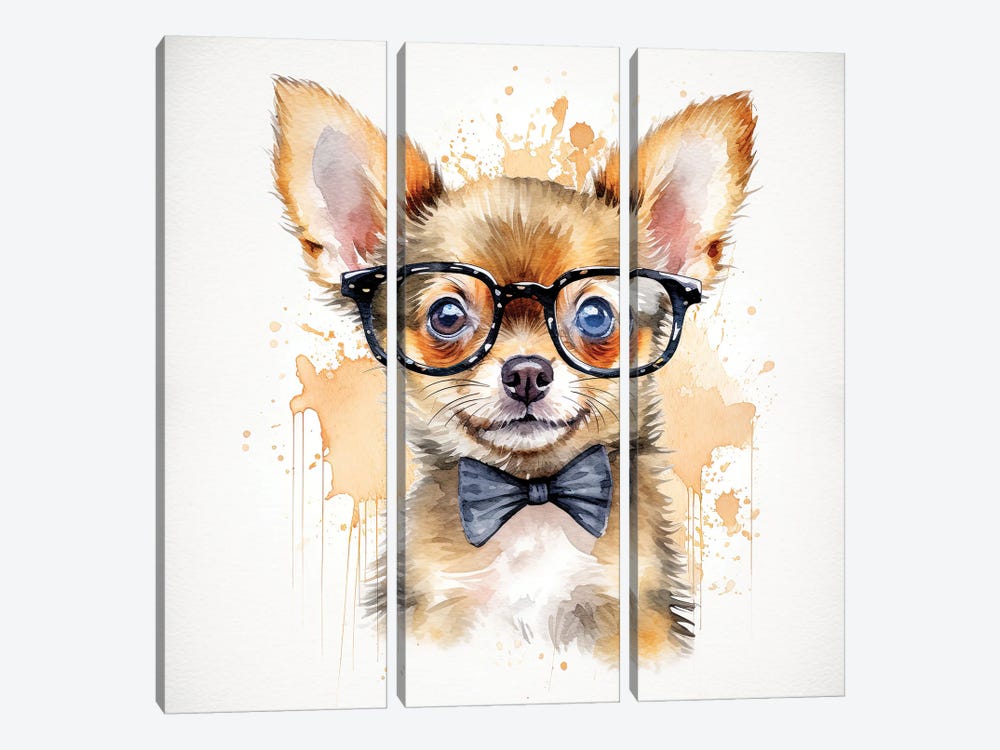Chihuahua In Glasses And Bow Tie by Jane Rix 3-piece Canvas Print