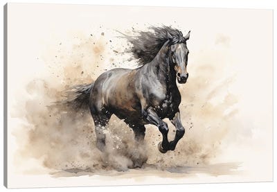 Black Stallion Galloping Canvas Art Print - Farm Animal Art