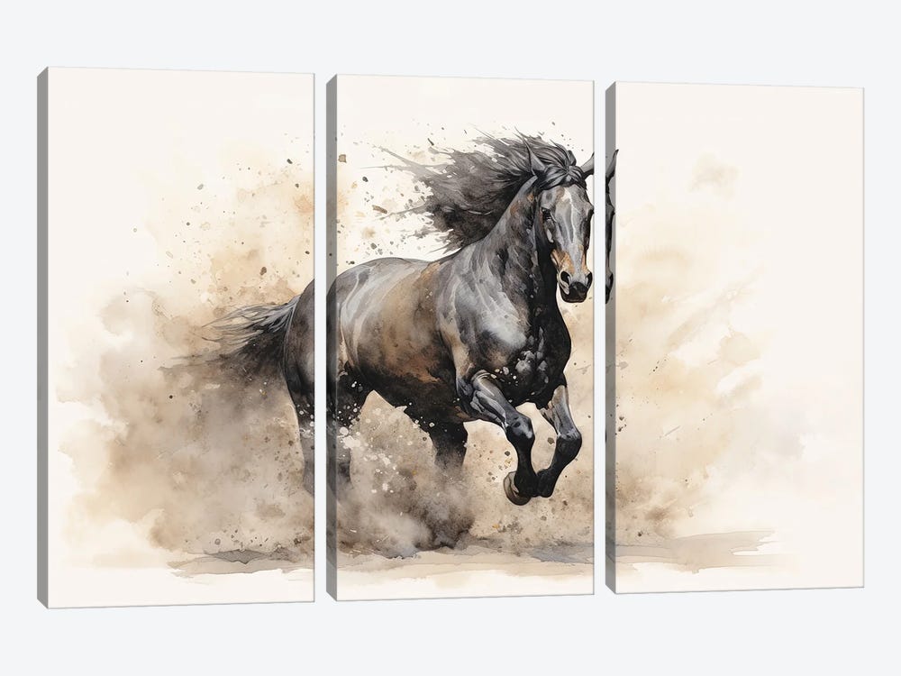 Black Stallion Galloping by Jane Rix 3-piece Canvas Artwork