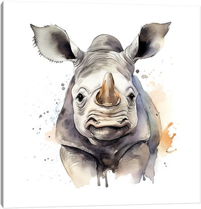 White Rhino Watercolour Canvas Art Print - Rhinoceros Art