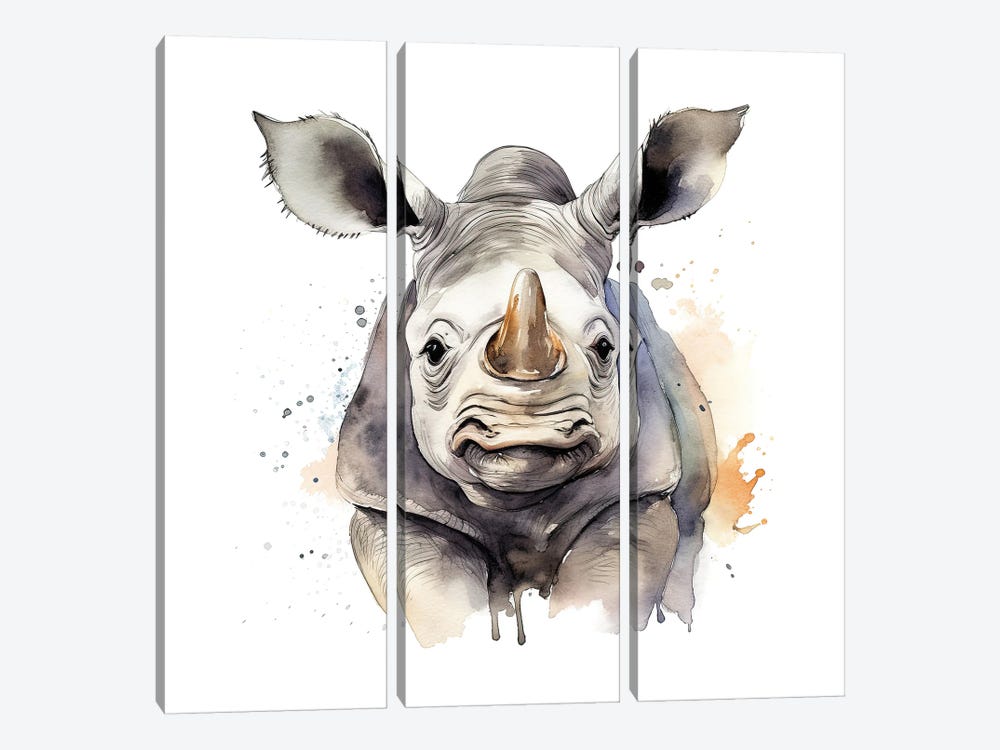 White Rhino Watercolour by Jane Rix 3-piece Canvas Artwork