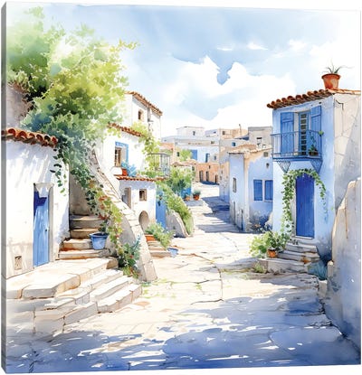 Greek Island Houses Watercolour Canvas Art Print - Island Art
