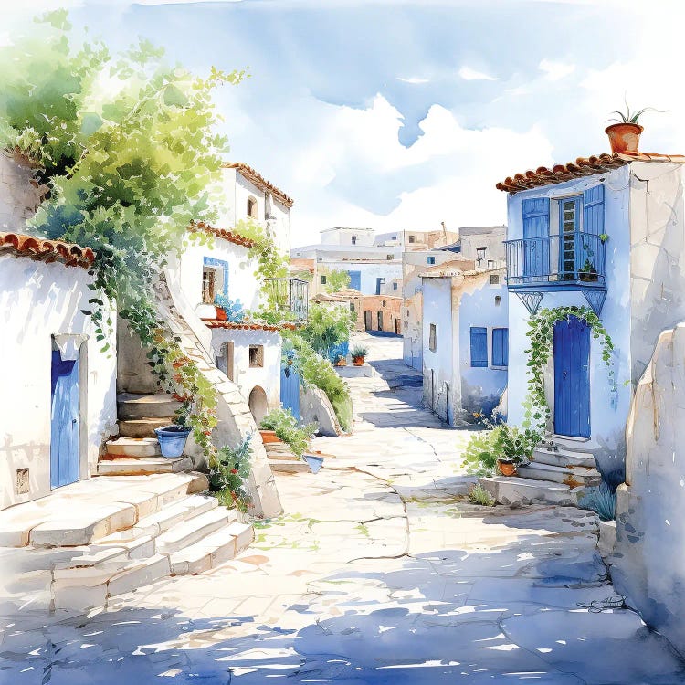 Greek Island Houses Watercolour by Jane Rix wall art