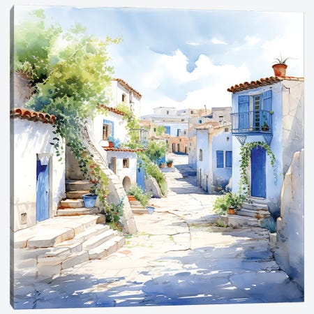 Greek Island Houses Watercolour Canvas Print #JRX548} by Jane Rix Canvas Art
