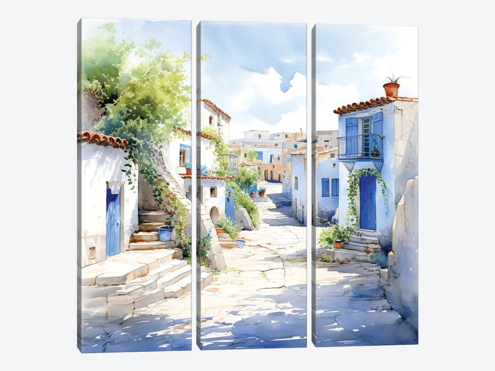 Greek Island Houses Watercolour by Jane Rix 3-piece Canvas Artwork