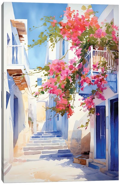Greek Island Street Watercolour Canvas Art Print - Jane Rix