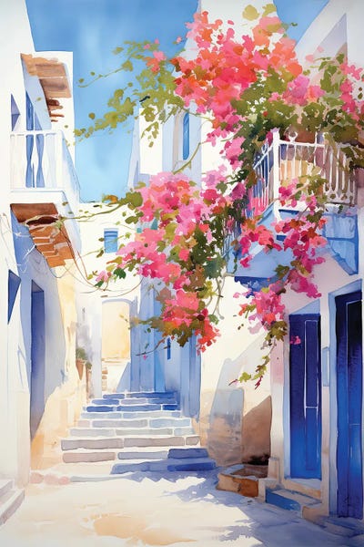 Coastal Villages & Towns: Greek Island Street Watercolour by Jane Rix